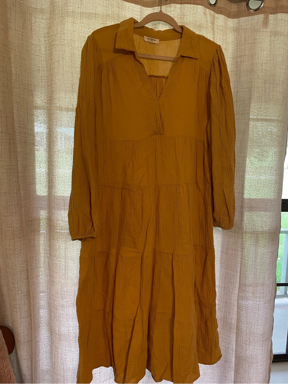 Umgee Mustard Long Sleeve Tiered Midi Dress